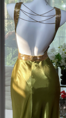 Green halter-neck backless fitted waist bodycon long ball gown R7606