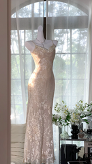 Light pink halter-neck fitted long floral print ball gown R7645