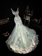 Light green halter-neck rhinestone fitted long ball gown R6890