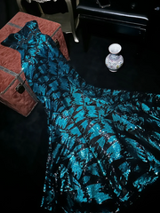 Dark green strapless floral sequined fitted long ball gown R7050