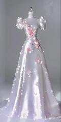 White satin dress with pink floral print, fitted waist, A-line skirt, prom dress R6451