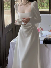 White Wedding Dress Long Sleeve Square Neck Women Elegant Evening Prom Party Dress S5421