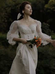 White With Small Train Satin Wedding Dress Sweet Lantern Sleeve Elegant A-line Gown S5437
