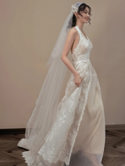 wedding dress lace followers deep v neck floor length wedding gown S5431