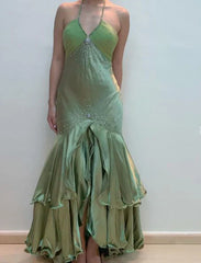Green Halter Backless Beading Long Prom Dresses S6073