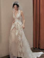 wedding dress lace followers deep v neck floor length wedding gown S5431