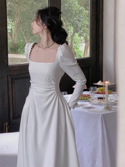 White Wedding Dress Long Sleeve Square Neck Women Elegant Evening Prom Party Dress S5421