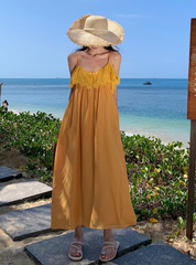 Holiday style warm yellow suspender dress sweet and fresh forest style travel wear long skirt R0225