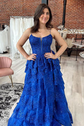 V Neck Layered Blue Lace Long Prom Dress, Blue Lace Formal Dress, Long Blue Evening Dress S4814