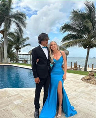 Elegant Blue V Neck Prom Dress With Split,Blue Formal Dress S5230