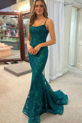 Dark Green Sequins Lace Mermaid Long Prom Dress S5167