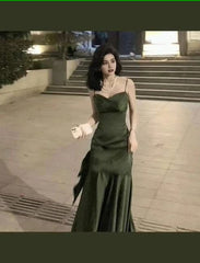 Sexy Mermaid Straps Green Party Dresses Satin Long Prom Dresses S5245
