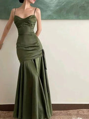 Sexy Mermaid Straps Green Party Dresses Satin Long Prom Dresses S5245