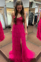 Fuchsia Beaded Layers Spaghetti Straps Long Prom Dress S5140