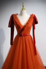 Simple V-Neck Tulle Long Prom Dress, A-Line Formal Evening Dress S5328