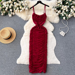 Sexy suspender dress women's pleated hot girl long skirt S4555