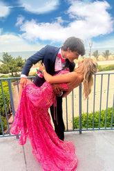 Pink Mermaid V-Neck Sequined Long Prom Dress, Evening Dress With Slit S4979