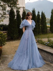 Gray Blue V Neck Tulle Sequin Long Prom Dress, Blue Formal Graduation Dresses S4955