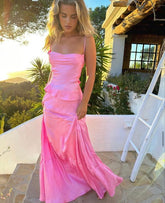 Spaghetti Straps Elegant Pink Long Prom Dresses S5220