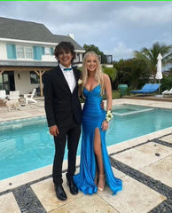 Elegant Blue V Neck Prom Dress With Split,Blue Formal Dress S5230