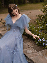 Gray Blue V Neck Tulle Sequin Long Prom Dress, Blue Formal Graduation Dresses S4955