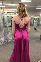 Simple Style V-neck Spaghetti Straps Backless Long Prom Dresses S5080
