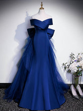 Royal Blue Mermaid Satin Long Prom Dress, Off Shoulder Blue Evening Dress S4967