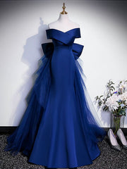 Royal Blue Mermaid Satin Long Prom Dress, Off Shoulder Blue Evening Dress S4967
