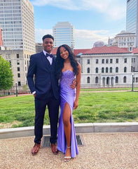 Purple Strapless Appliques Long Prom Dress with Slit S5107
