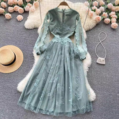 women's lace V-neck mesh puff sleeves A-line long skirt S4653