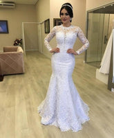 Gorgeous Lace Mermaid Wedding Dresses Bridal Gown with Long Sleeves Jewel Neck S5126