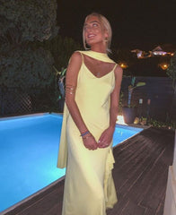 Sexy A line Straps Chiffon Yellow Long Prom Dresses S5315