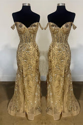 Off-Shoulder Sequined Floral Mermaid Long Prom Dress with Slit S5110