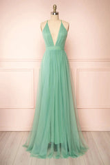 Sage Green V-neck Tulle Long Prom Dress, Simple Backless Evening Dress S4813