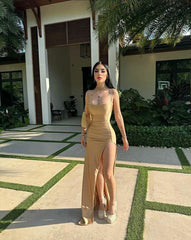 Sexy High Slit Mermaid Spaghetti Straps Long Evening Prom Dresses S5212