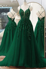 Pretty V Neck Green Lace Floral Long Prom Dresses, A Line Tulle Formal Evening Dresses S5090