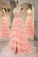 Sparkly A-Line Off The Shoulder Long Prom Dress with Appliques And Split S5122