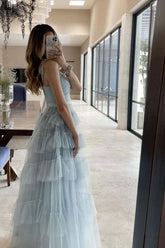 Light Blue Tulle Layered Long Prom Dress Elegant Evening Dress S5160
