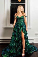 Green Lace Tiered Tulle Long Formal Dress S5184