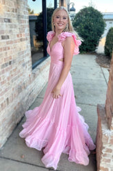Lace-Up V-Neck Ruffle Pleated Long Prom Dress S5141
