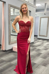 Wine Red Strapless Mermaid Appliques Long Prom Dress with Slit S5138