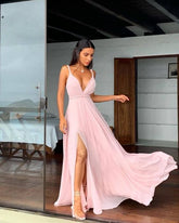 pink v neck long prom dress, pink evening dress S4964