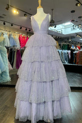 Lavender Tulle Sequin V-Neck Ruffle Tiered Long Prom Dress S5192