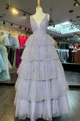 Lavender Tulle Sequin V-Neck Ruffle Tiered Long Prom Dress S5192