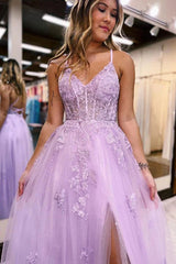 A-Line V Neck Lilac Tulle Long Slit Prom Dress Evening Dress S4673