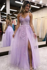 A-Line V Neck Lilac Tulle Long Slit Prom Dress Evening Dress S4673