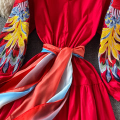 embroidery V-neck dress elegant long skirt S4171