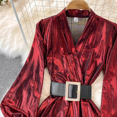 A-line long skirt with high waist and lantern sleeves V-neck metallic dress S4135