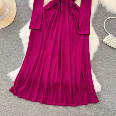 long-sleeved diamond-studded V-neck A-line dress elegant long skirt S4089