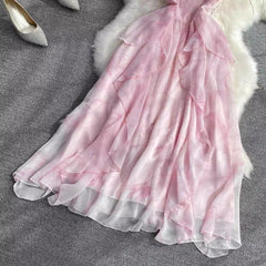 Floral Suspender Dress Women's A-Line Ruffled Long Skirt S4136